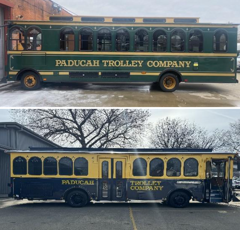 two pictures of a paducah trolley company bus