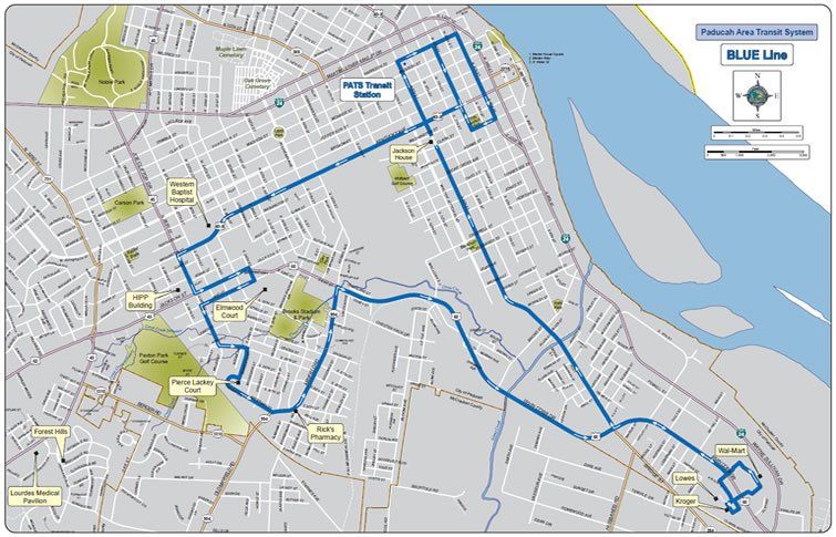 a map of paducah with blue lines showing bus and trolley routes