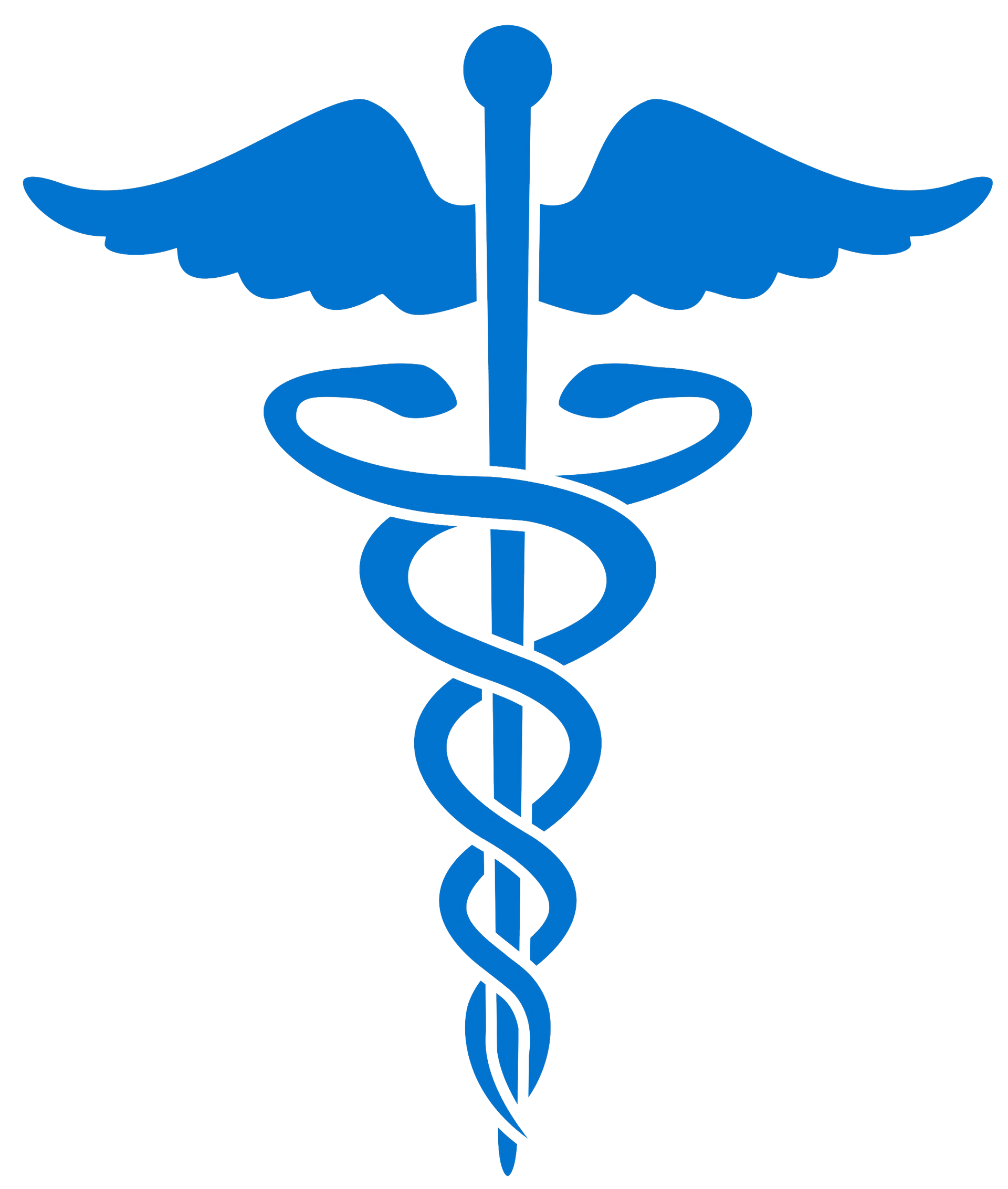 a blue caduceus with wings and snakes on a white background
