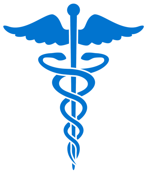 a blue caduceus with wings and snakes on a white background
