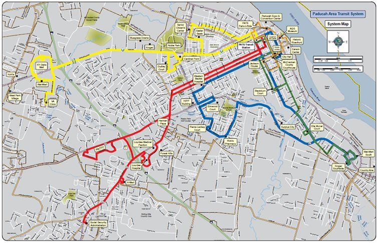 a map of paducah with lines showing different bus and trolley routes