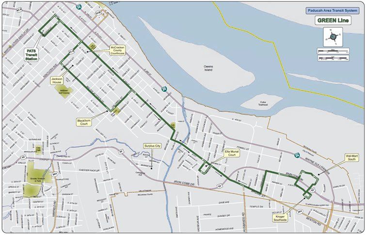 a map of paducah with green lines showing bus and trolley routes