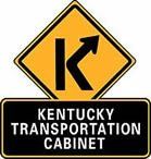 the kentucky transportation cabinet logo is a yellow and black sign with an arrow pointing to the right .