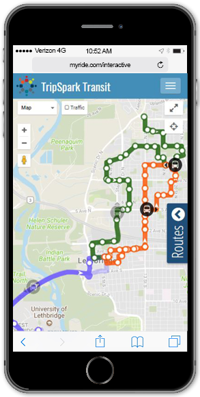 Mobile view of a map showing public transit routes in green, orange, and purple.