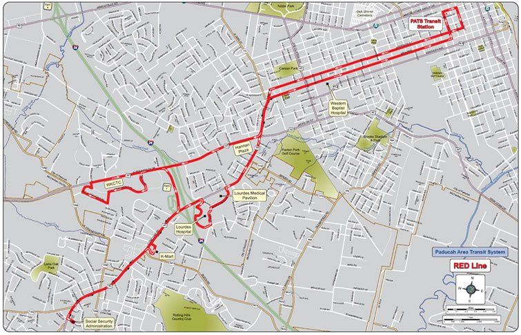 a map of paducah with red lines showing bus and trolley routes