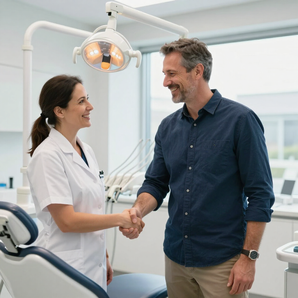 Dentist and patient smiling and shaking hands in a bright dental office