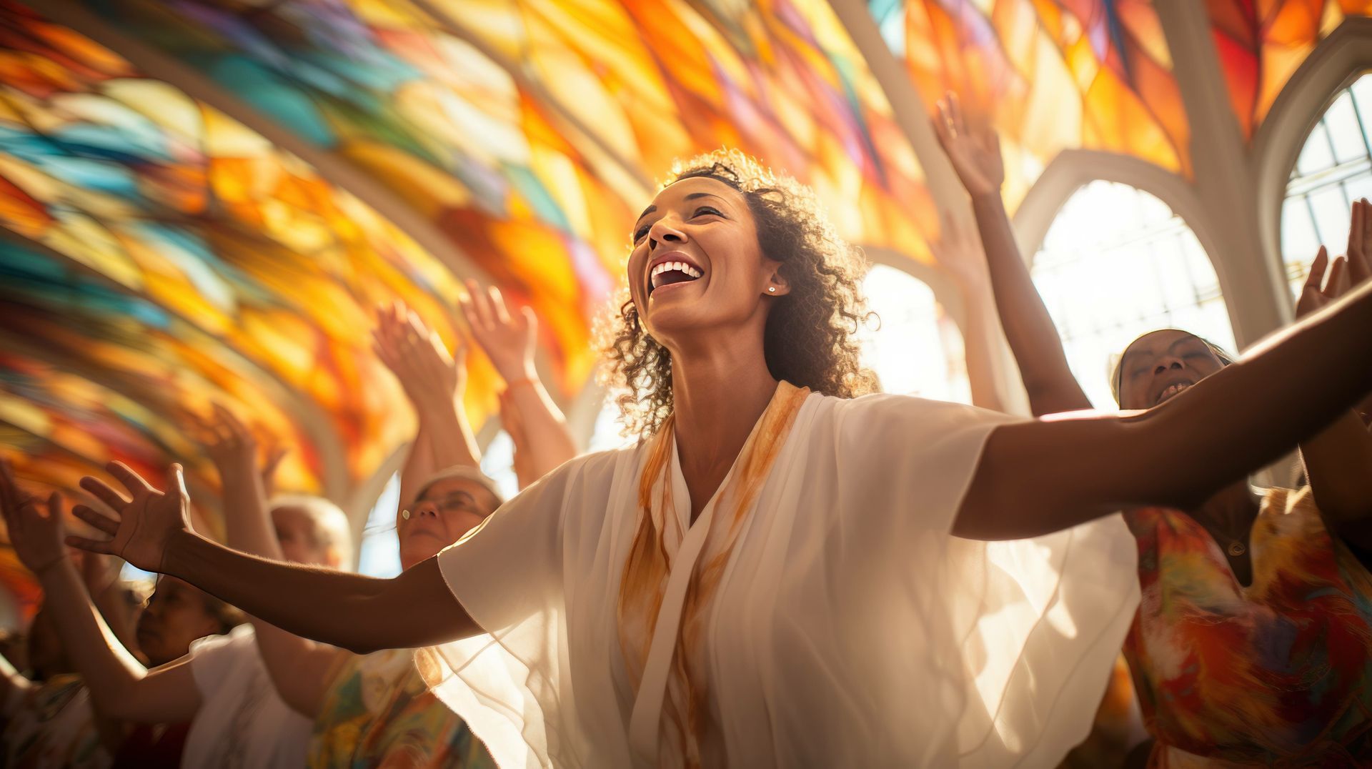 A woman is standing in front of a stained glass window with her arms outstretched.