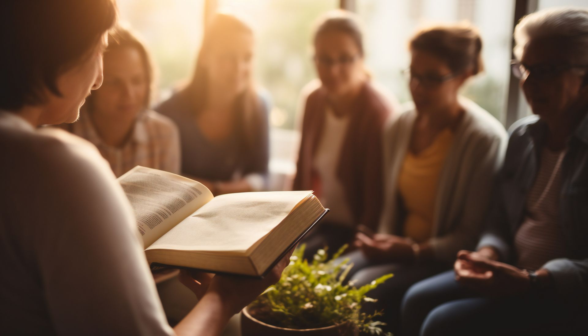 A woman is reading a bible to a group of women.