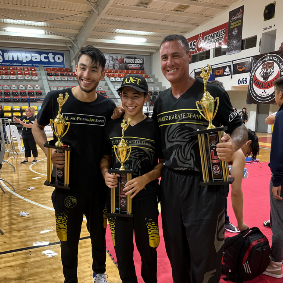 A man and a boy are posing for a picture in a martial arts gym