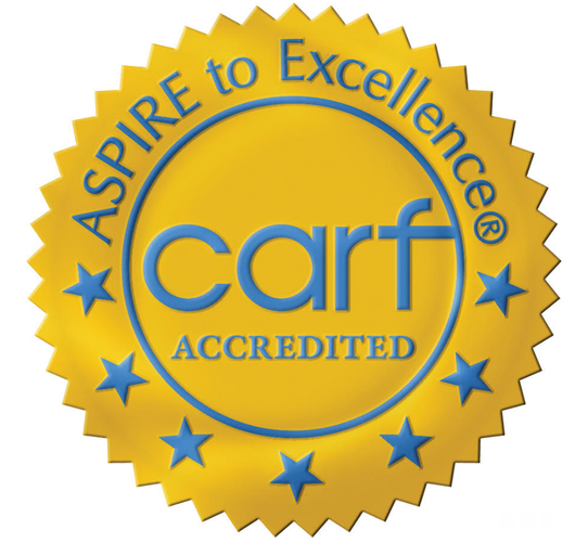 CARF Accredited seal: yellow with blue text and stars, 