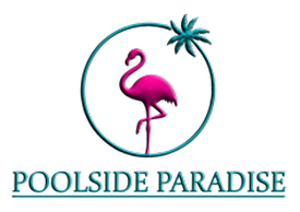 A logo for poolside paradise with a flamingo and palm tree