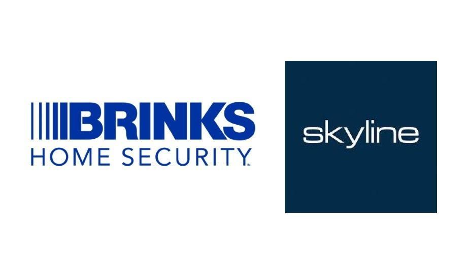 Brinks Home Security logo next to a dark blue square with the word "skyline" in white.