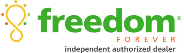 Logo for "freedom forever," featuring a stylized green "freedom" text and a yellow infinity symbol.