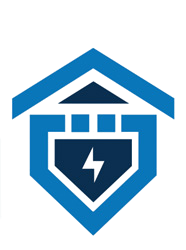 Blue logo: house-shaped outline with a central shield containing a lightning bolt; suggestive of home electrical services.