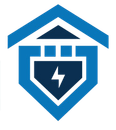 Blue logo: stylized house shape with lightning bolt, representing electricity or home services.
