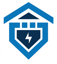 Blue logo: stylized house shape with lightning bolt, representing electricity or home services.