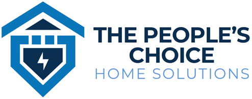 Logo for The People's Choice Home Solutions. Blue house outline with a lightning bolt inside.
