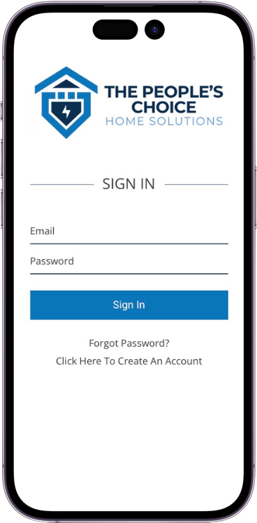 Mobile app login screen for The People's Choice Home Solutions. Features logo, email/password fields, and a Sign In button.