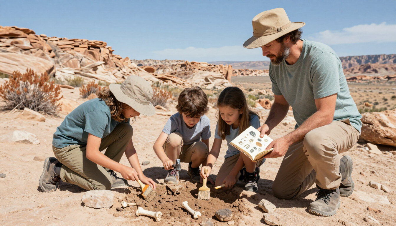 Excited children discovering trilobite fossils in the Utah desert.