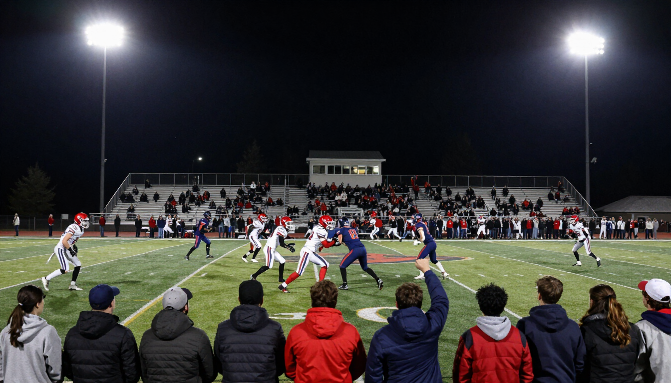 High school football game under stadium lights