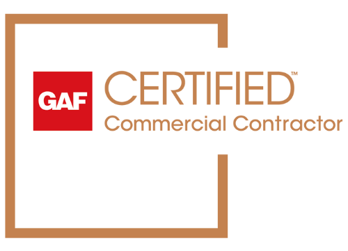 GAF Certified Commercial Contractor logo. Red GAF square, bronze text and square outline.