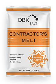 Bag of DBK Contractor's Melt salt, orange and white, with snowflake icon, says active to -20°F.
