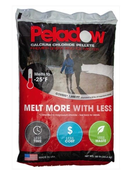 Bag of Peladow calcium chloride pellets for melting snow and ice, with text and graphics.