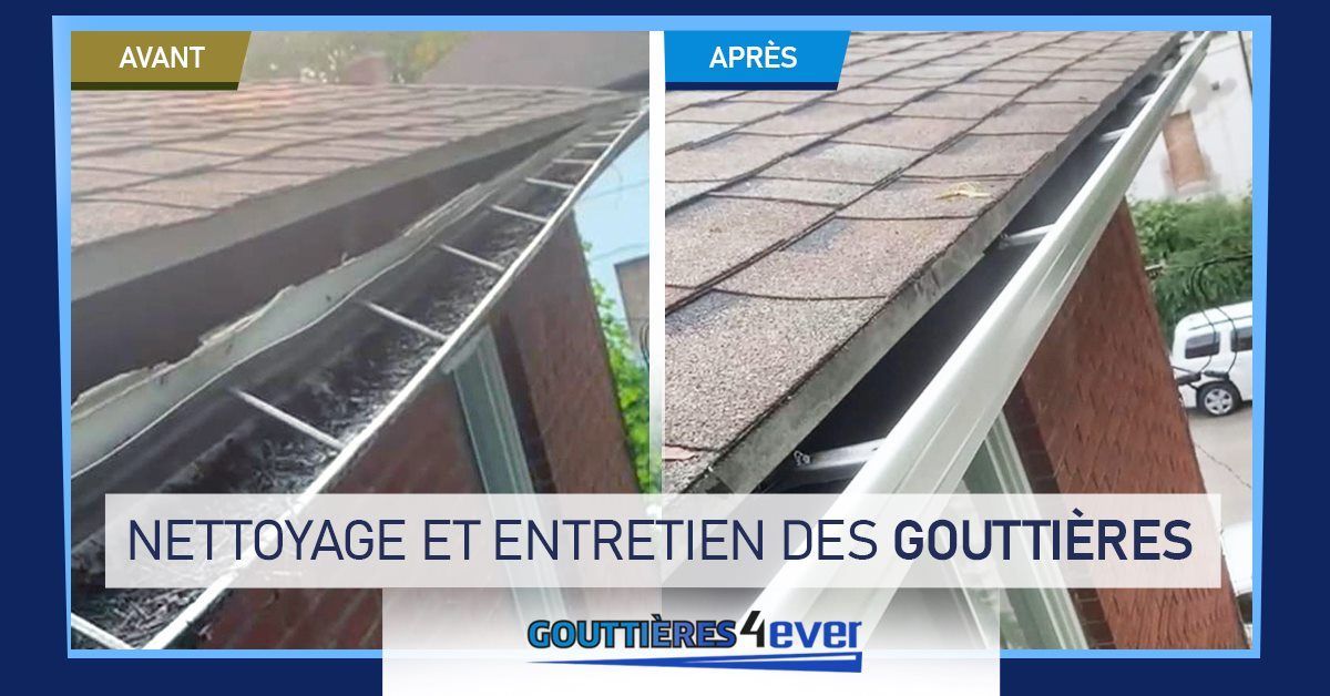 A before and after picture of a gutter on a roof.