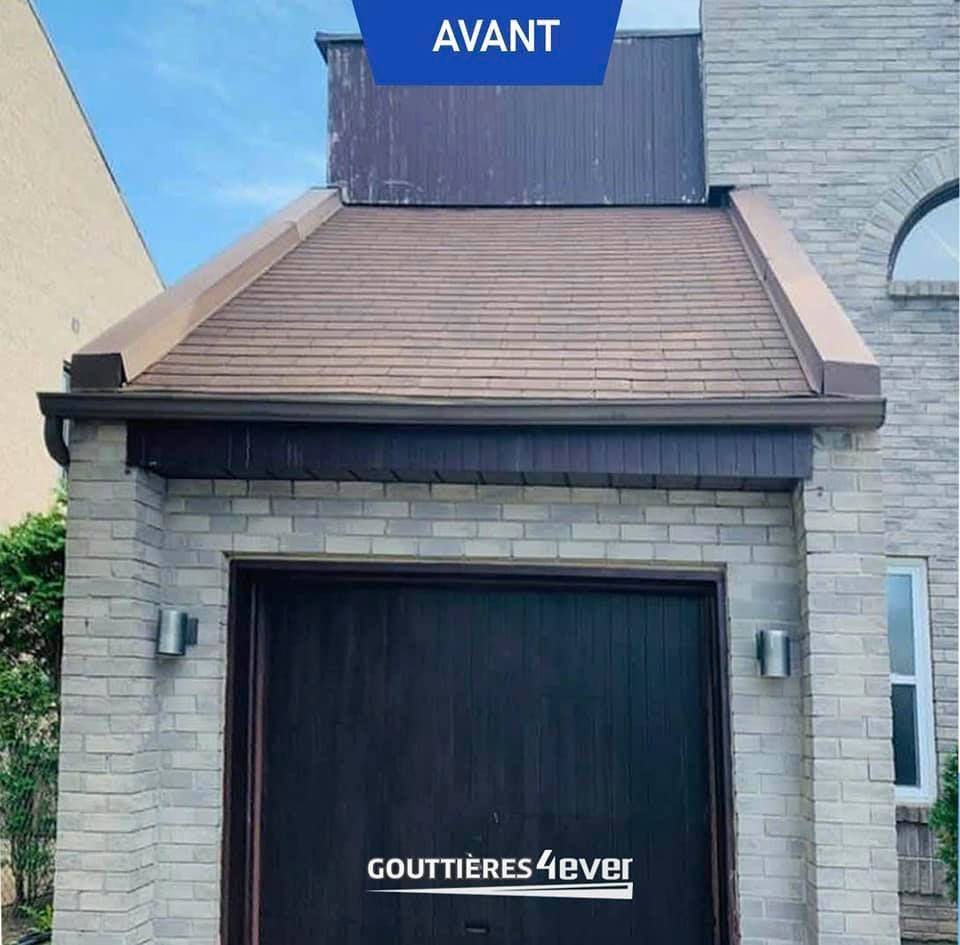 A picture of a garage door before and after being painted.