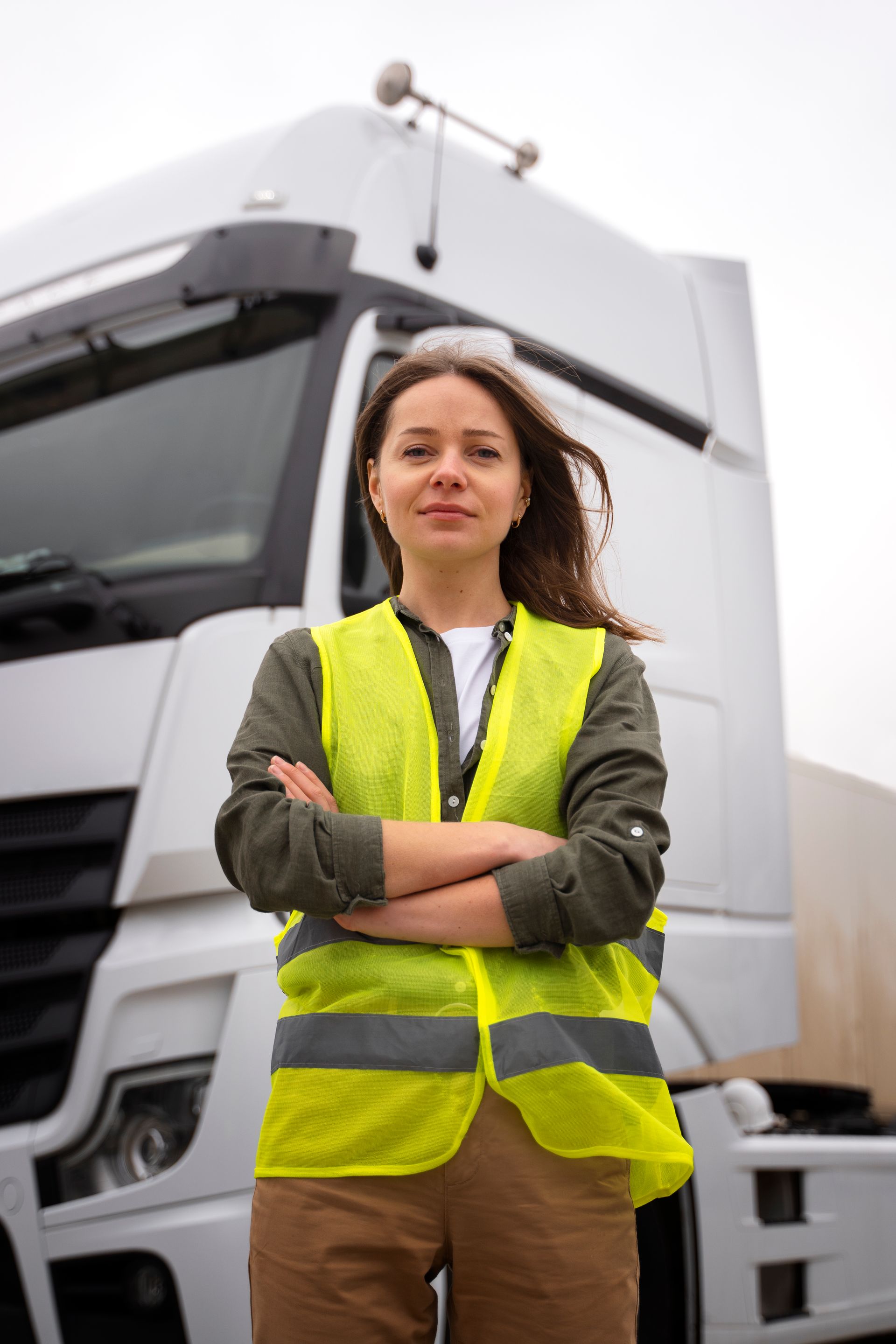 A woman is standing in front of a semi truck with her arms crossed.