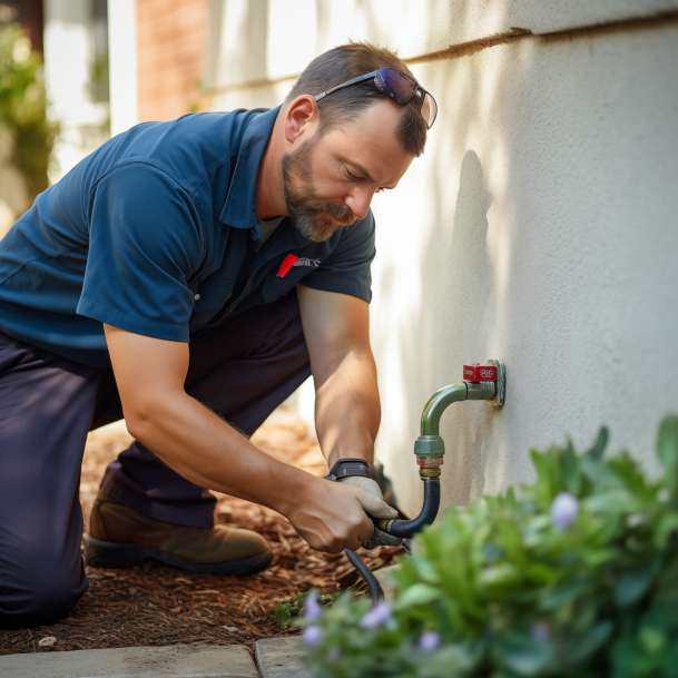 A man in a blue shirt is working on a faucet
