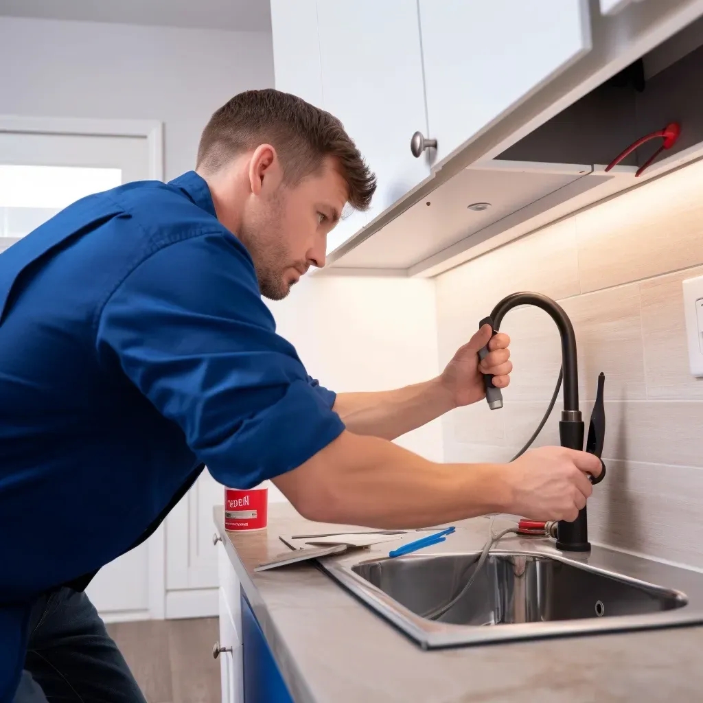 A man in a blue shirt is fixing a faucet in a kitchen.