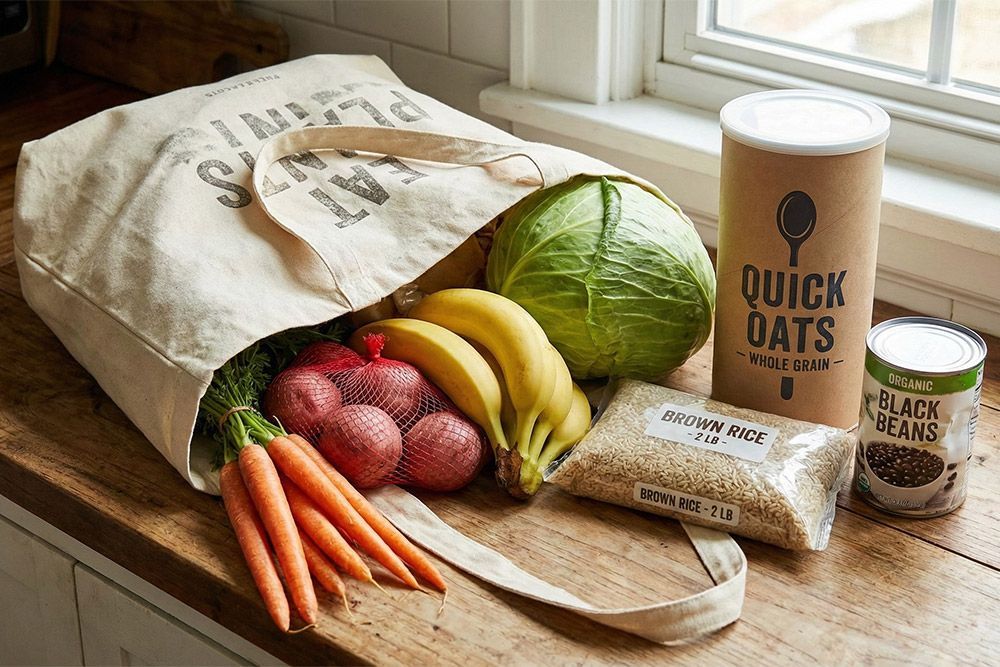 Reusable grocery bag with fresh vegetables, oats, and a jar on a kitchen counter