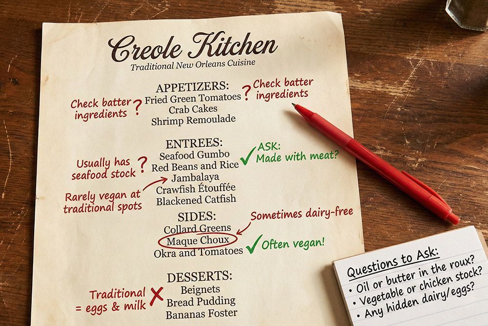 Handwritten Creole Kitchen recipe page with red pencil and notes about ingredients and substitutions