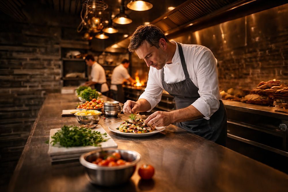 Chef plating a dish in a warm, busy restaurant kitchen with copper lights and fresh ingredients