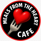 Meals From the Heart Cafe logo with red heart on a fork and black circular background