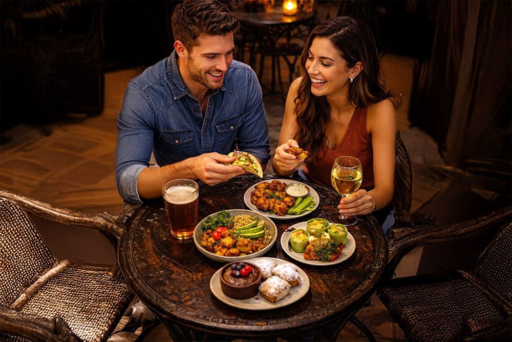 Couple sharing a meal and drinks at a warmly lit restaurant table with several dishes