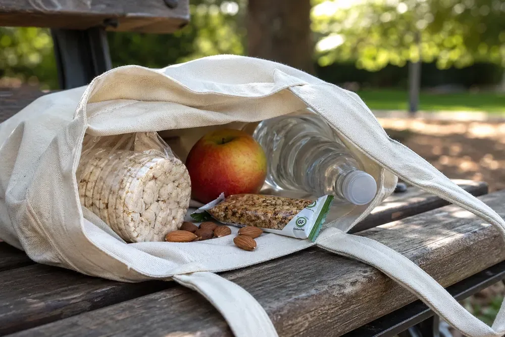Apple, crackers, and a wrapped sandwich in a white tote bag on a picnic table outdoors