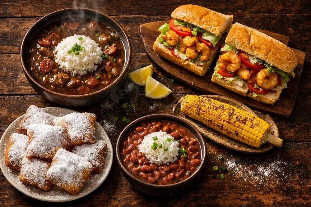 Mexican meal spread with tacos, beans, churros, and corn on a rustic table