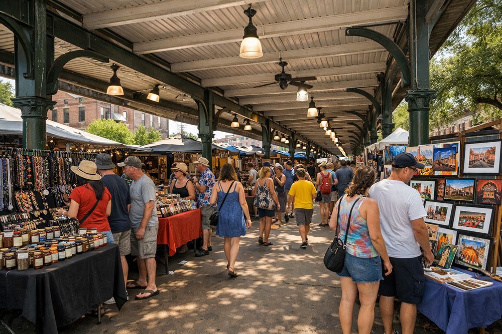 Busy outdoor market under a covered walkway, with vendors, framed art, and shoppers browsing stalls.