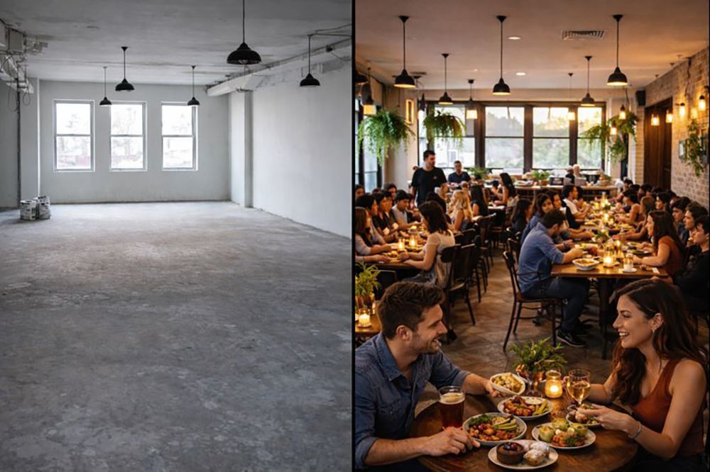 Empty industrial room beside a busy, warmly lit restaurant dining area