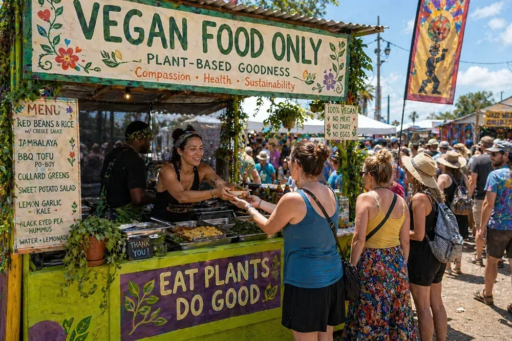 Vegan food stall with green signs reading “Vegan Food Only” and “Eat Plants, Do Good” at a busy outdoor market