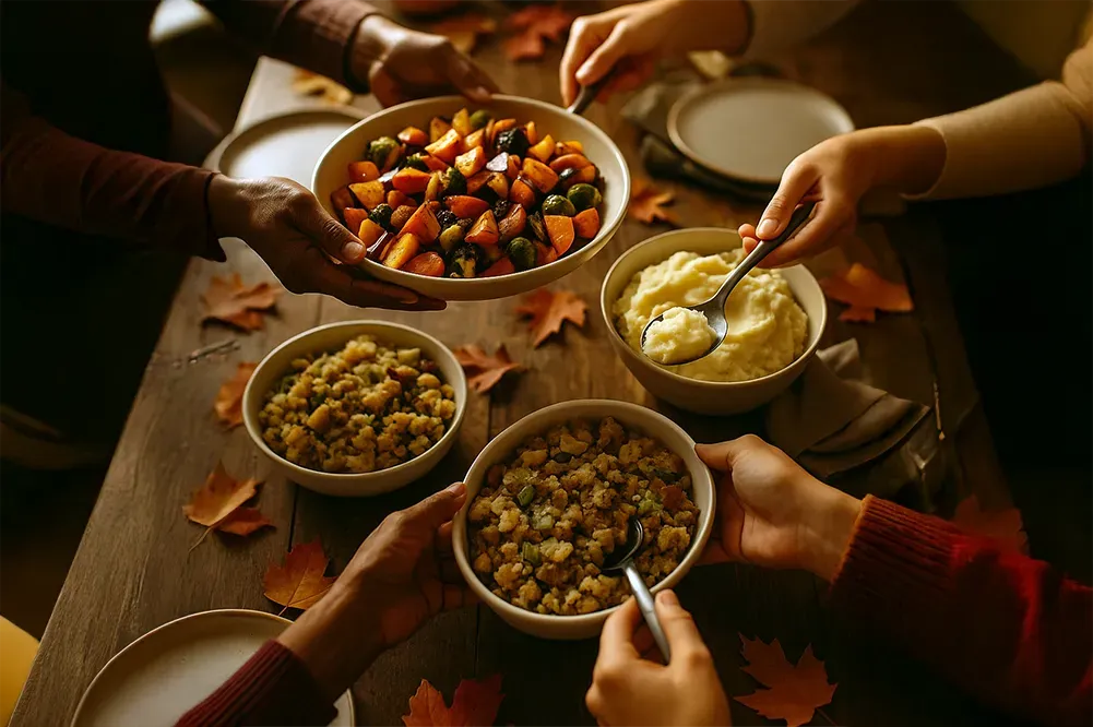 Hands sharing bowls of snacks and dessert around a wooden table in warm light
