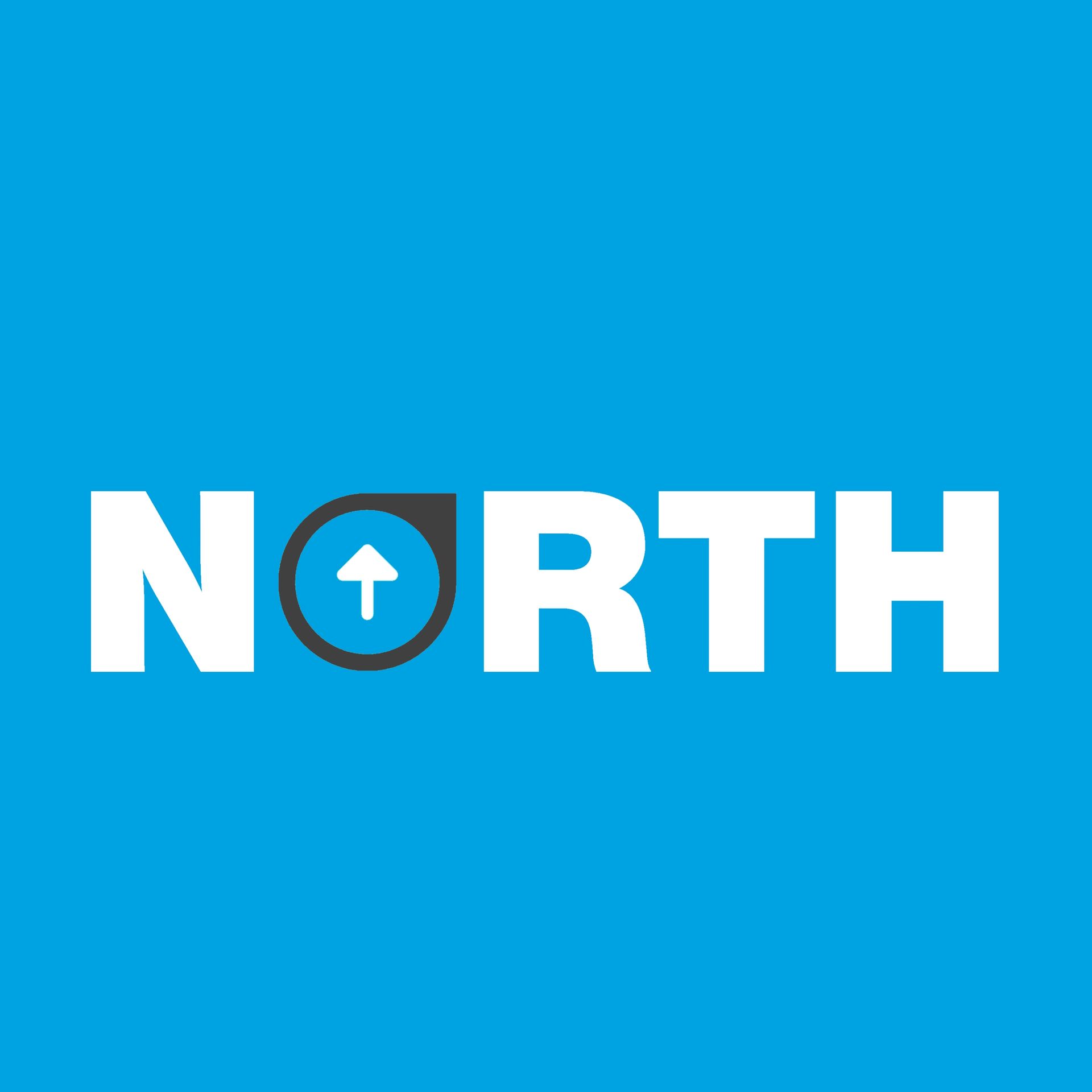 The word north is on a blue background