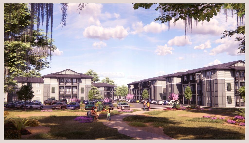 Apartment complex with landscaping, blue sky, and a few people walking on a path.
