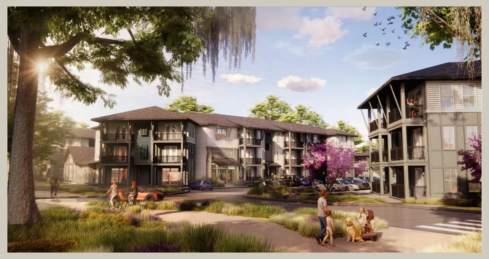 Apartment complex exterior with sunlight, trees, and small figures of people in the foreground.