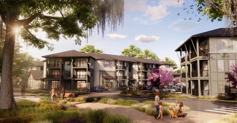 Apartment complex rendering in a park-like setting with people walking and sitting outdoors. Sunlight filters through trees.