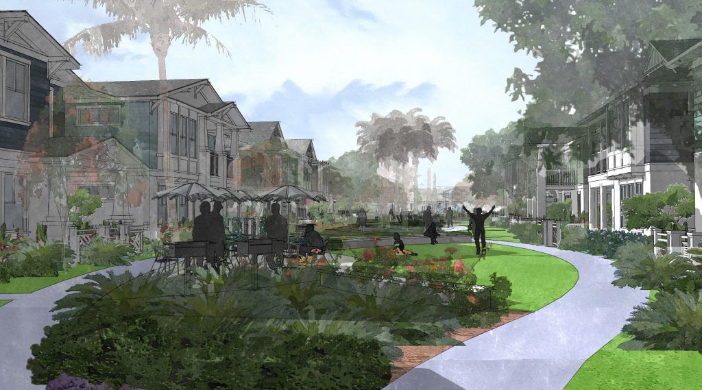 Residential neighborhood with green spaces and a walkway, trees and people.