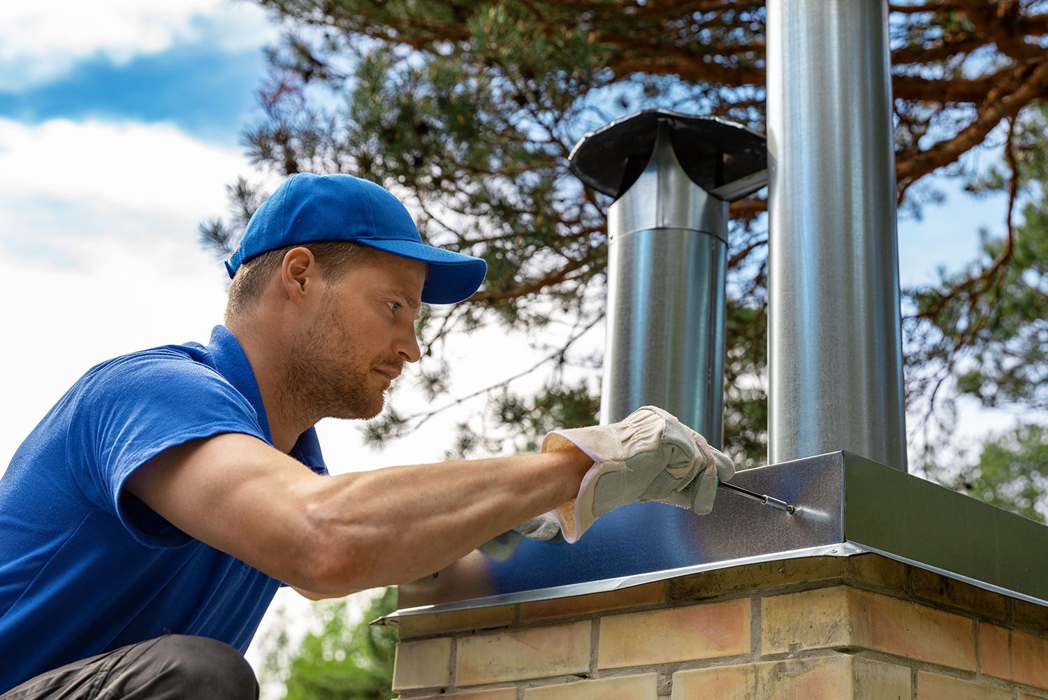 A man in a blue shirt and hat is working on a chimney.