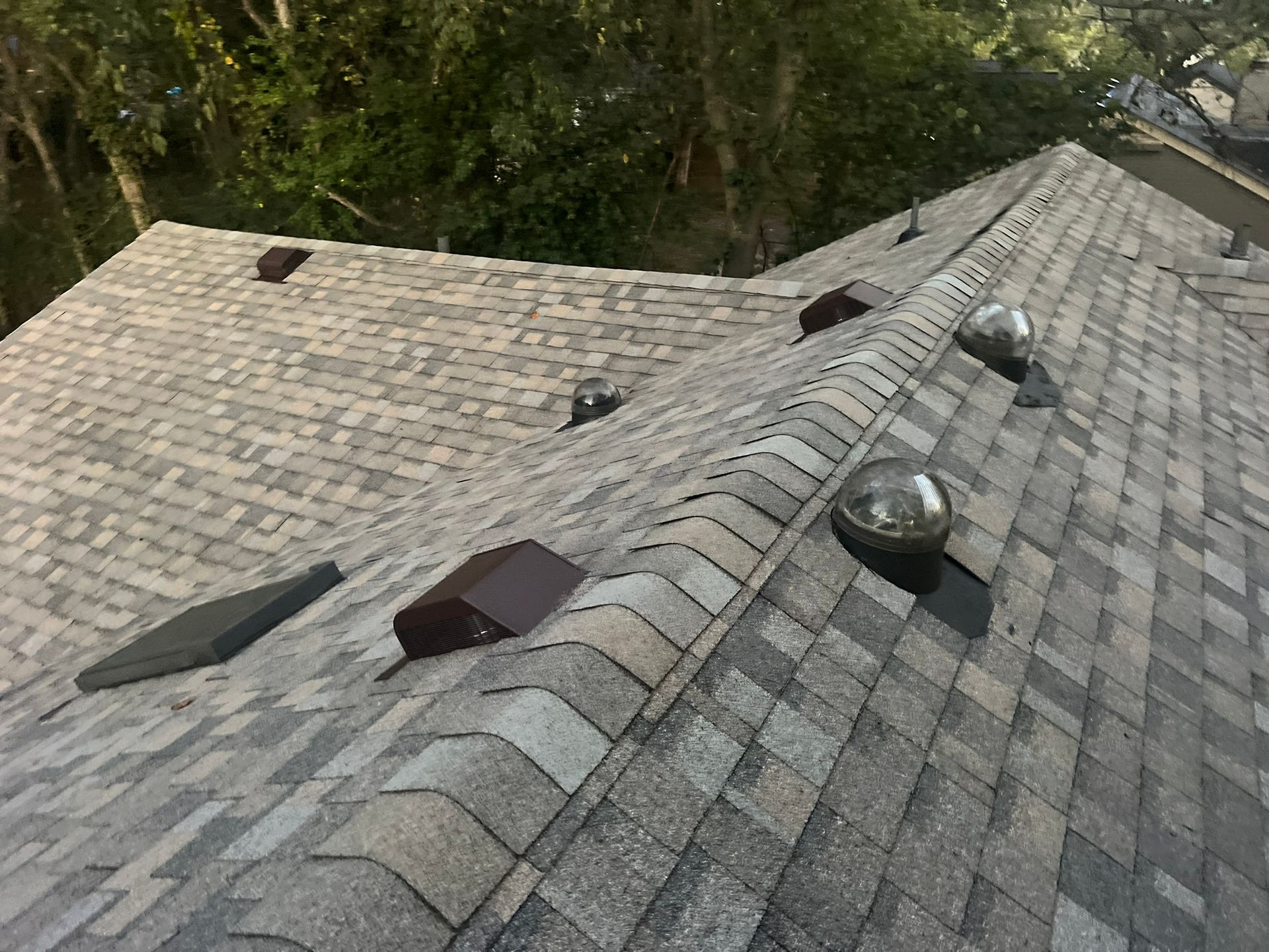 An elevated view of a shingled roof featuring several dome-shaped skylights and brown roof vents.